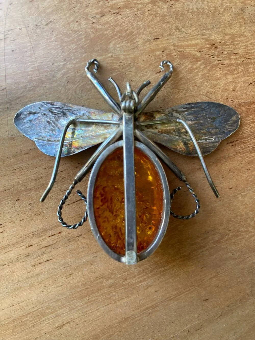 ENORMOUS Victorian Sterling SIlver Amber Bumble Bee Bug Brooch Pendant - Picture 2 of 6